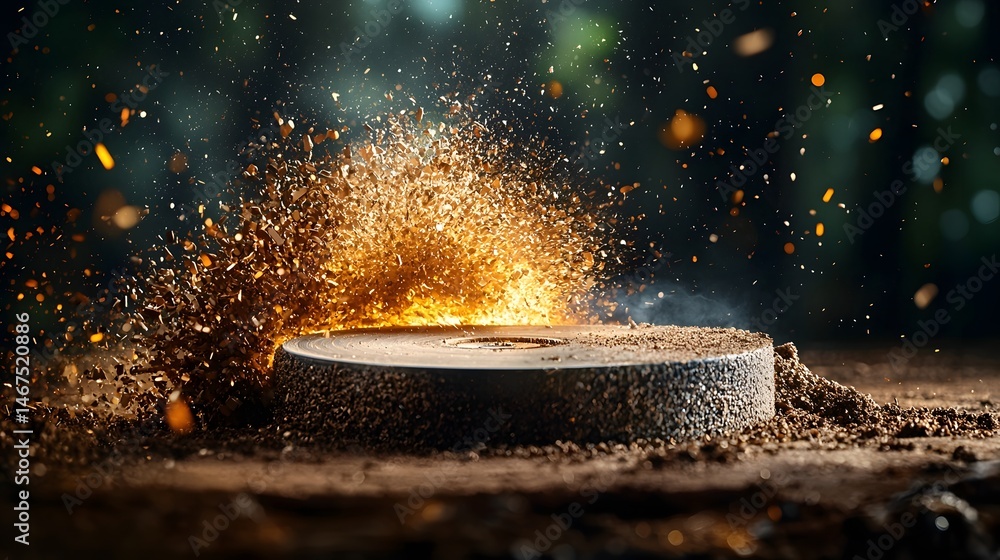 Poster an intense close up view of a powerful grinding wheel smoothing and shaping a metal surface creating