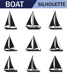 Various black  sailboat silhouettes set on a white background, featuring different sailing positions and boat styles.