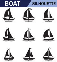 Various black  sailboat silhouettes set on a white background, featuring different sailing positions and boat styles.