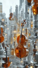 Naklejka premium Musical city scene, futuristic instruments
