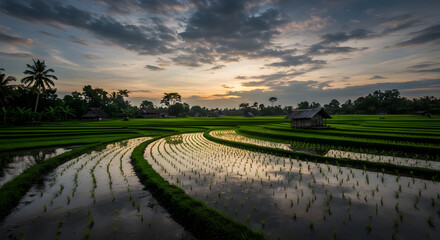 Walking at Rice Terraces at Sunrise with Sky Reflection