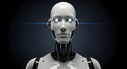 Futuristic humanoid robot with glowing eyes on dark background