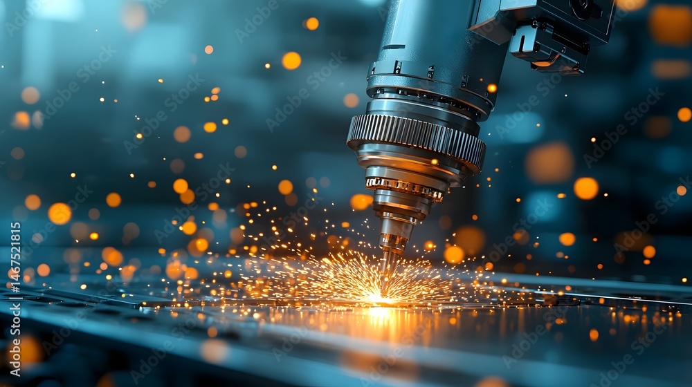 Poster close up view of a robotic arm precisely grinding and shaping a metal component as part of an automa