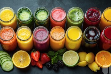 Assorted fresh pressed fruit juices served in transparent plastic bottles arranged in circle pattern on wooden table photographed from above in daylight showcasing natural vitamin rich hydration,
