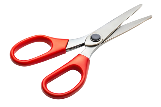 A pair of scissors with ergonomic handles, isolated on a transparent background