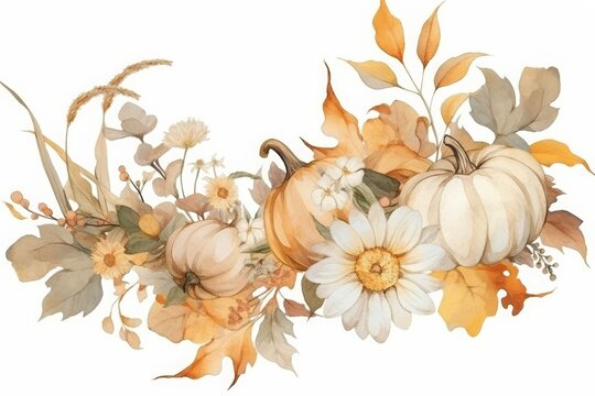 Exquisitely detailed watercolor illustration in a fairytale cottagecore style, presenting a beautiful autumn floral frame alongside pumpkins. The artwork flaunts a palette of faded soft beige, white, 