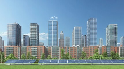 Obraz premium Futuristic cityscape with solar power integration blending sustainable design into urban architecture under a serene blue sky environment