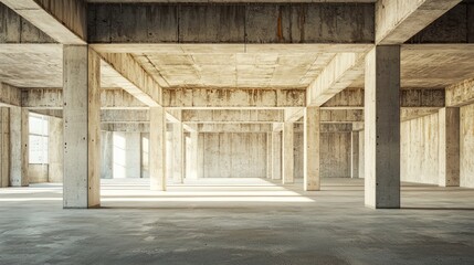 Obraz premium A large, empty concrete room with exposed concrete beams and columns, illuminated by natural light from large windows in the background.