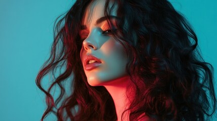 Fototapeta premium Profile portrait of a woman with curly hair in vibrant lighting
