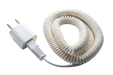 A phone charger with a coiled cable and plug, isolated on a transparent background