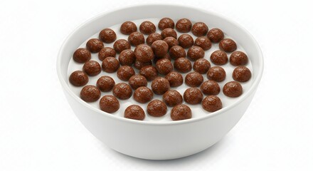 Chocolate cereal balls with milk bowl breakfast food photography for kids and healthy eating concept