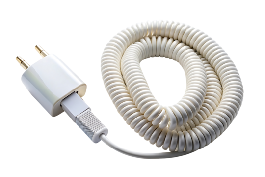 A phone charger with a coiled cable and plug, isolated on a transparent background