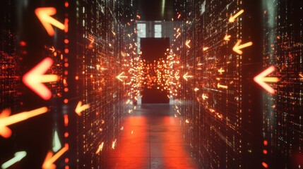Futuristic server room with glowing arrows