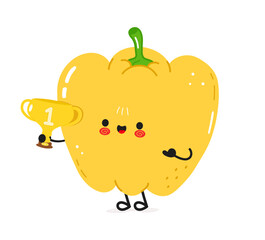 A cheerful cartoon yellow bell pepper proudly holding a trophy for winning first place.