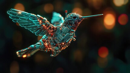 Futuristic hummingbird design with mechanical elements.