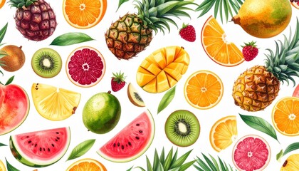 Tropical fruits clipart, seamless pattern, white background