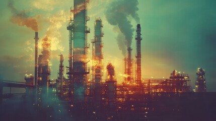 Industrial skyline at sunset with smoke and glowing lights