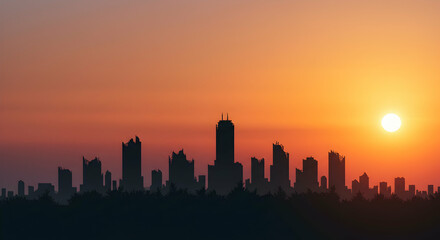 Sunset Over City Skyline with Silhouette of Buildings and Towers