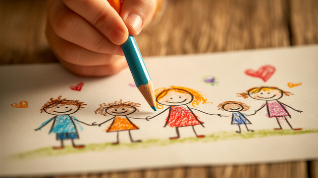 Drawing a Family: Child creating a colorful stick figure family with hearts and a blue pencil on a wooden table.