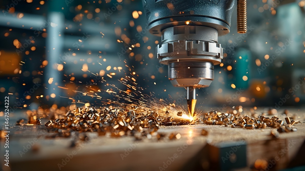 Poster a close up view of a worker using a mounted grinder to sharpen a metal tool bit creating a shower of