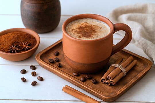 Rustic Mexican atole de pinole in smoky clay mug with cinnamon