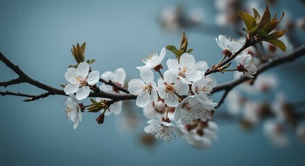 White cherry blossom branch close up spring floral photography nature background aesthetic wallpaper image
