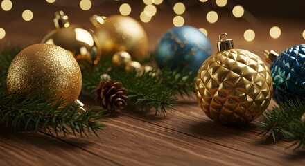 Christmas ornaments and decorations on wooden table for festive holiday season background rendering
