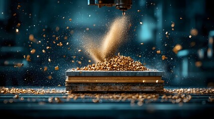 A closeup view of an industrial metalworking process with clouds of grinding dust and sparks flying off rapidly moving metal surfaces