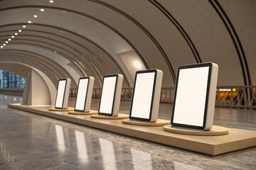 Obraz premium Row of Blank Digital Display Screens in Modern Arched Interior, Perfect for Advertising Mockups, Technology Exhibits, or Branding Presentations