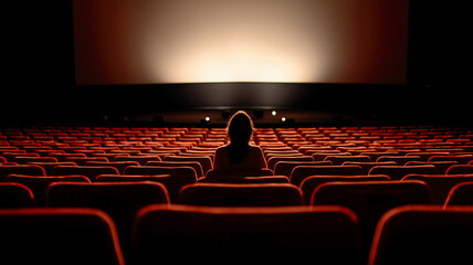 A lone moviegoer sits in a darkened theater, bathed in the glow of the screen, surrounded by empty seats. Cinema solitude.
