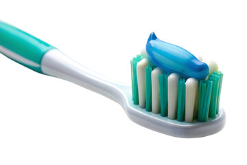 A toothbrush with toothpaste on it. The toothpaste is blue and the toothbrush is white