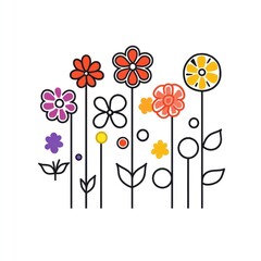 Colorful stylized flowers garden illustration, spring, nature, white background, design element