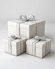 Obraz premium Three elegantly wrapped white gift boxes, adorned with ribbons and bows, sit on a pristine white surface, conveying a sense of celebration, thoughtfulness, and perfect for holiday or special occasion 