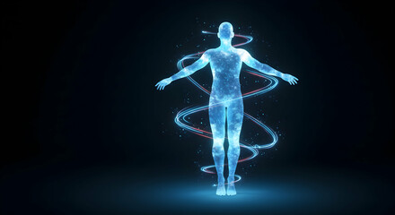 Radiant Human Silhouette with Energetic Swirls and Cosmic Sparks