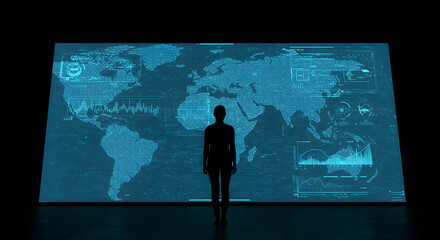 Silhouette of Person in Front of Digital World Map Display