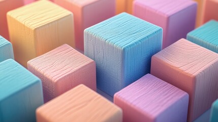 A scattered arrangement of small, square wooden blocks in various pastel and earth tone colors on a white background.