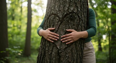 Woman hugging tree in forest with heart carved into bark nature love environment conservation sustainability eco friendly