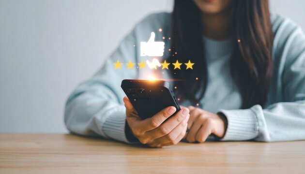 Un cliente usa un tel&eacute;fono inteligente para brindar una rese&ntilde;a de cinco estrellas del producto con un pulgar hacia arriba. Los comentarios en l&iacute;nea y la encuesta de satisfacci&oacute;n reflejan la calidad