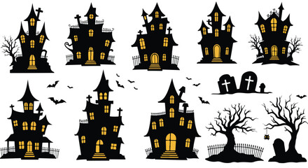 This illustration features a collection of spooky black haunted houses, leafless trees, tombstones, and bats set against a white backdrop, evoking a Halloween atmosphere.
