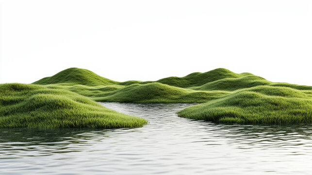 3D rendering, green grass on the water surface of shallow lakes and small islands. isolated on white background.