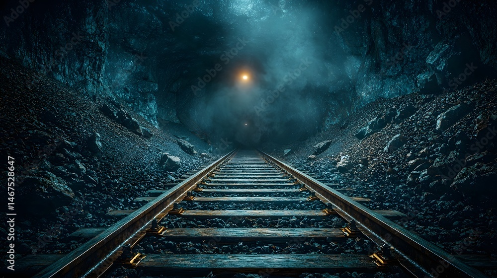Poster a dark gloomy underground coal tunnel with railroad tracks leading deep into the unknown creating an