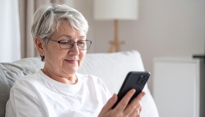 Elderly Woman using a Smartphone - Elders using Technology - Adapting to Advanced Society - Old lady texting, chatting, calling, surfing - Senior using a mobile phone or cellphone at Home