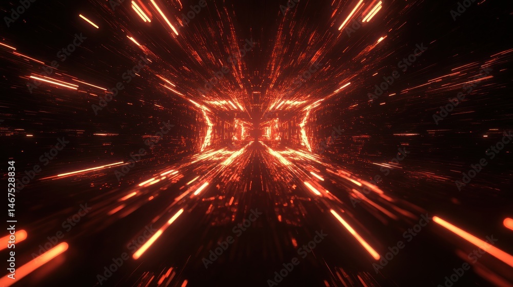 Poster abstract light tunnel with dynamic glowing particles in motion