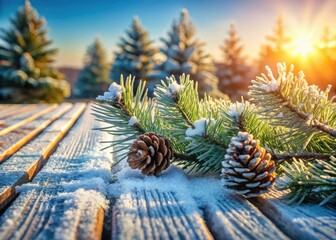 Minimalist Winter Product Photography: Frosty Wood Table, Pine Cones, Snow