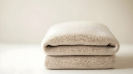Two folded blankets stacked on a white surface against a neutral background.