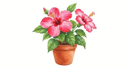 Obraz premium Vibrant red hibiscus flowers bloom in a charming terracotta pot, bringing a touch of tropical beauty to any space. Floral artistry.