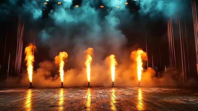 Dramatic Stage with Flames and Smoke Effects