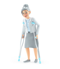 3d cartoon granny walking with auxiliary crutch