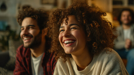 Obraz premium Enthusiastic friends gather to watch something amusing, sharing laughter and joy in a relaxed and intimate setting.