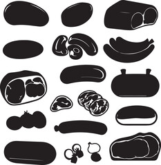 Naklejka premium Black and White Food Silhouettes: Meat, Vegetables, and Sausage Vector Illustration